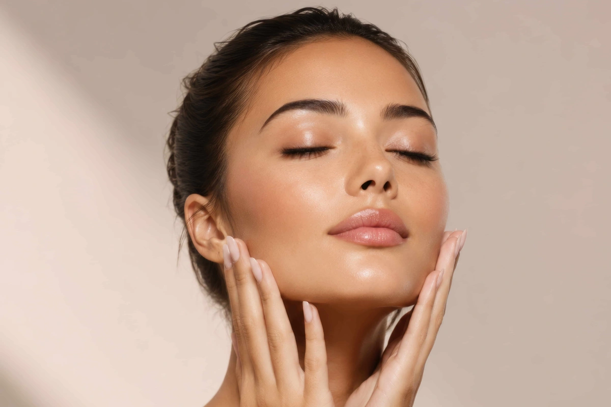 A woman gently touching her clear, glowing skin with closed eyes, highlighting firm skin elasticity results after skin tightening facial treatment.